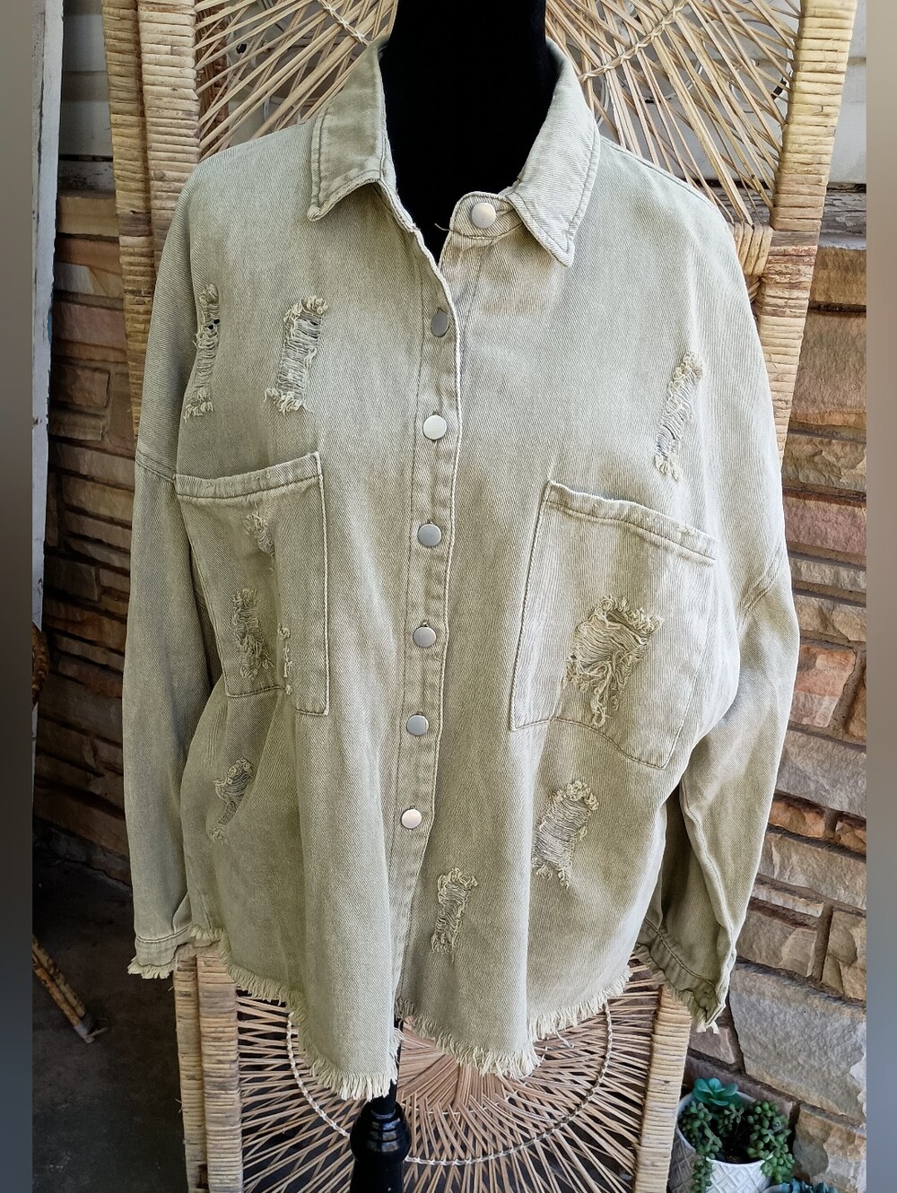 Vici Nordstrom 100% Cotton Distressed Olive Jean Jacket_L